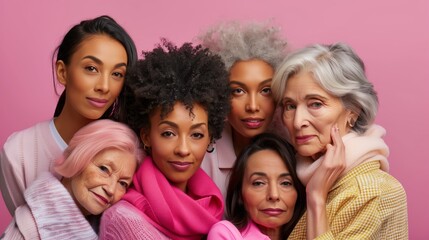 Obraz premium Group of diverse women of different ages and ethnities posing together, symbolizing unity and multigenerational beauty on a pink background