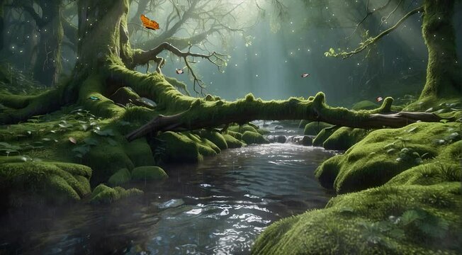 Immerse yourself in the serene beauty of a tropical forest where moss-covered logs rest upon a gently flowing river, creating a picturesque scene in mesmerizing 4K video.