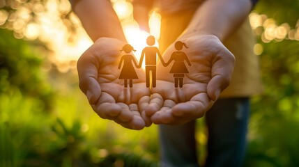 Hand holding family, family mental health, love care and health, protect house insurance, family life, happy mother father and children, mother day, father day concept 
