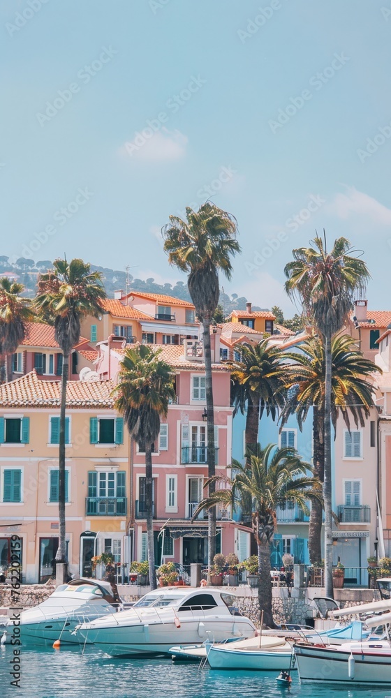 Poster A row of colorful buildings with palm trees in front of them. The buildings are in a foreign country