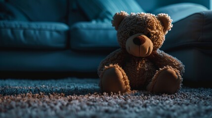 Teddy bear is laying down on carpet in cinematic tone, Dramatic shot of Lonely teddy bear laying down alone in living room at night ,lonely concept, international missing children's day.