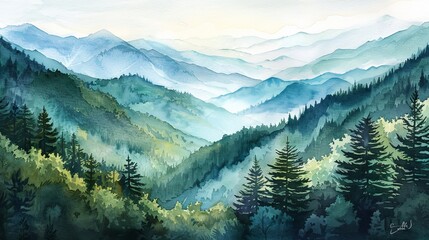 A watercolor painting depicting a rugged mountain range dotted with lush green pine trees. The tall peaks stand against a blue sky, creating a peaceful and scenic landscape. - obrazy, fototapety, plakaty