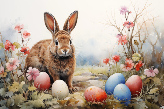Charming illustration of a bunny with colorful easter eggs amidst spring flowers