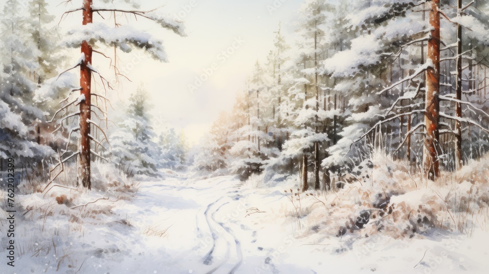 Poster Generative AI Snow-covered forests with pine trees.