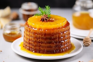 Baked pineapple cake with honey syrup on modern white kitchen table, copy space available