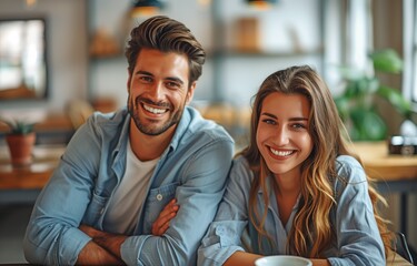 Two office employees are seated at desks, grinning and content.At the contemporary workplace, two businesspeople are seated at desks and grinning broadly.