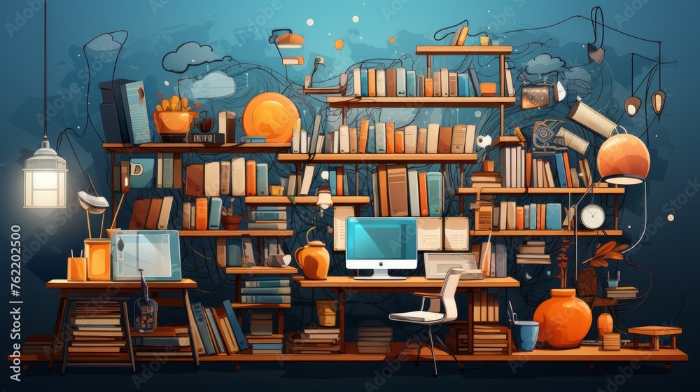 Poster generative ai library workstation featuring books and a laptop, symbolizing the marriage of educatio