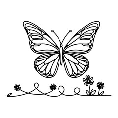 Butterfly contours doodle silhouettes element vector illustration on white background one continuous black line hand drawing of monarch butterfly flying