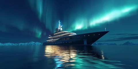 Fototapeten Cruise ship in the northern calm sea with green aurora in the night sky © Maizal