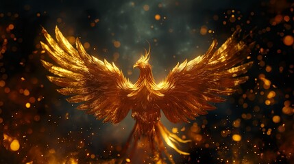 Phoenix Bird Surrounded By Gold Pieces And Light. Illustration On The Theme Of Fairy Tales, Fantasy And Mysticism.  Generative AI	
