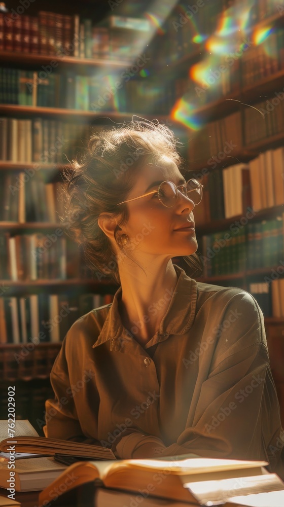 Poster A woman is seated at a table positioned in front of a bookshelf filled with books. She appears to be engaged in reading or studying. The setting seems to be a cozy study or library.