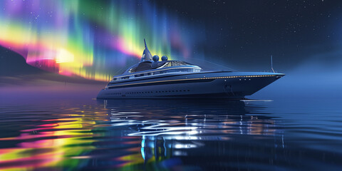 Luxury futuristic Cruise ship in the northern calm sea with colorful aurora light in the night sky