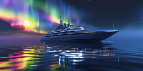 Fototapeten Luxury futuristic Cruise ship in the northern calm sea with colorful aurora light in the night sky © Maizal