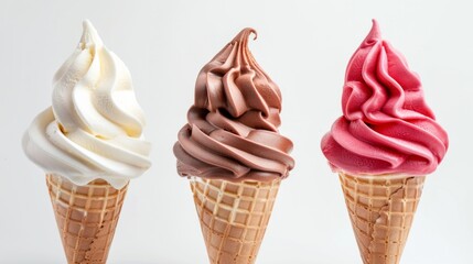 Summer food photography - Set collection of chocolate, vanilla and strawberry soft ice cream in ice cream cone waffle, isolated on white background - obrazy, fototapety, plakaty