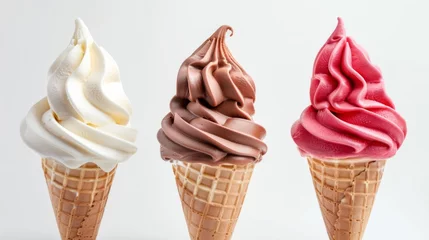 Foto auf Acrylglas Summer food photography - Set collection of chocolate, vanilla and strawberry soft ice cream in ice cream cone waffle, isolated on white background © Corri Seizinger