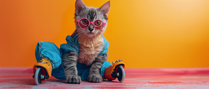 Adorable grey kitten with pink glasses and toy roller shoes on a vibrant orange background