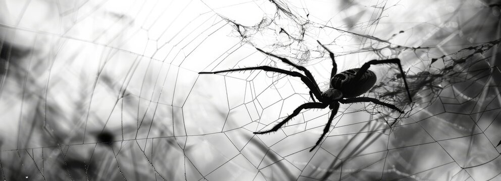 A black and white spider is captured in the image, showcasing its intricate legs and body as it crawls across a surface in a deliberate manner.