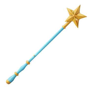 Magical wand with a star top and blue handle adorned with gold highlights on a transparent background