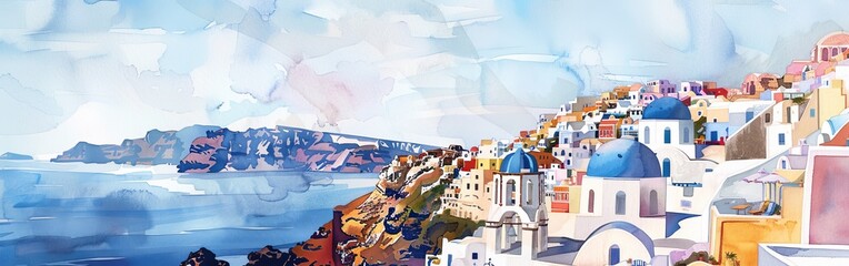 A watercolor painting depicting a bustling city perched on the coastline of the ocean, with colorful buildings and boats dotted along the waterfront under a clear sky.