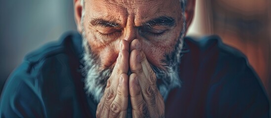 An older man with a disfigured jaw gestures with his wrinkled hands, covering his face. His electric blue eyes show a mix of worry and happiness in this photo caption art - obrazy, fototapety, plakaty