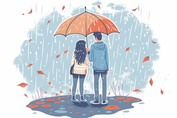 Autumn Romance: Couple Sharing an Umbrella in the Rain - Ideal for Stories on Love and Seasonal Changes