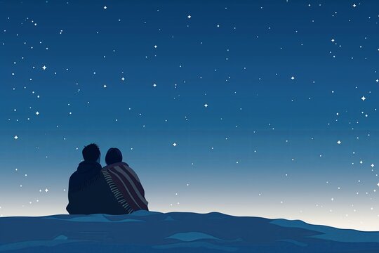 Stargazing Couple Wrapped in a Blanket on a Desert Night - Perfect for Romance and Adventure Content