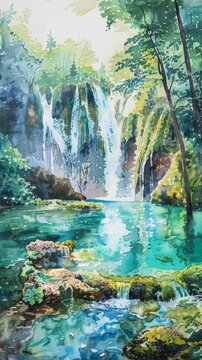 A watercolor painting depicting a majestic waterfall cascading down amidst a lush green forest. The scene captures the dynamic flow of water and the rich foliage surrounding it.