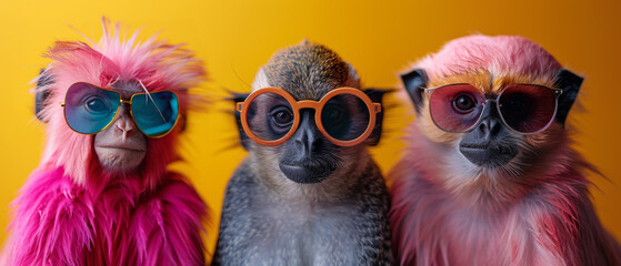 Trio of dressed monkeys in vibrant outfits and glasses against a yellow background, infusing humor and style