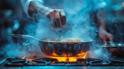 Professional Chef Cooks Flambe Style. He Prepares Dish in a Pan with Open Flames.