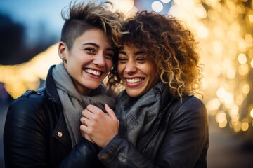 Portrait shot capturing the emotional proposal of a lesbian couple, with one partner holding an...