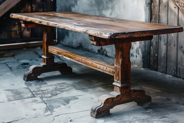 Antique Wooden Table with a Weathered Finish and Classic Design Elements, Perfect for Vintage-Themed Spaces