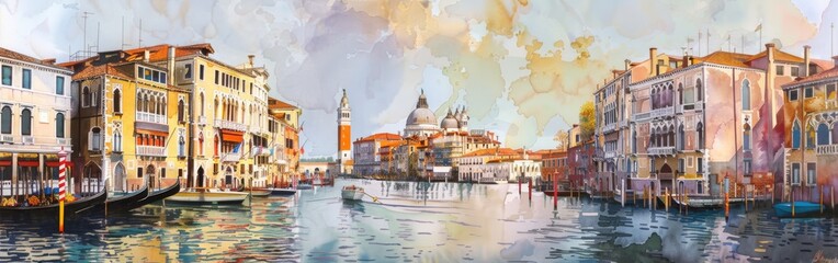 A detailed watercolor painting depicting a canal in Venice, Italy. The artwork captures the iconic gondolas, historic buildings, and picturesque bridges that line the narrow waterway. - obrazy, fototapety, plakaty