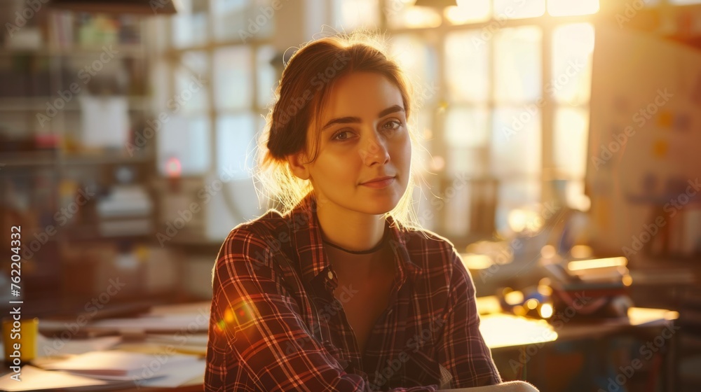 Poster a woman is seated at a table, using a tablet. she appears focused on the screen as she interacts wit