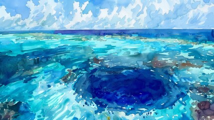 A stunning watercolor painting of the Great Blue Hole, a massive underwater sinkhole in the ocean, known for its deep blue color and unique structure.