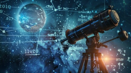 A telescope mounted on a tripod is positioned in front of a space background. The telescope is...