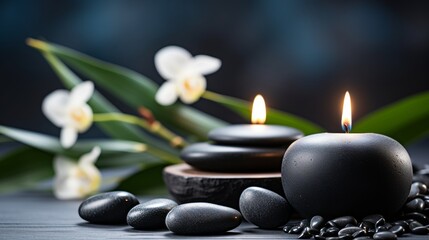 Zen harmony and meditation concept background with candles and black stones on wooden surface