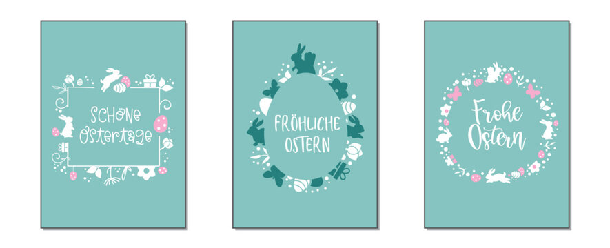 Ostergr&uuml;&szlig;e mit drei verschiedenen &ouml;sterlichen Motiven und w&uuml;nschen auf t&uuml;rkisfarbenem Hintergrund