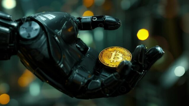 Futuristic Robot Hand Holding A Bitcoin Cryptocurrency Animation Effect