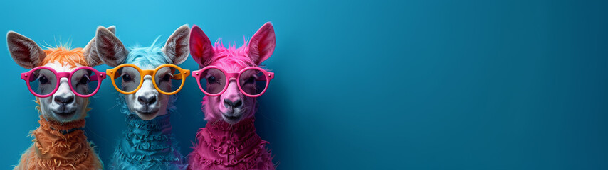 Three llamas with dyed fur and sunglasses on a blue background, showcasing a quirky and artistic style