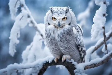 Frosty Polar owl winter branch. White beak. Generate Ai