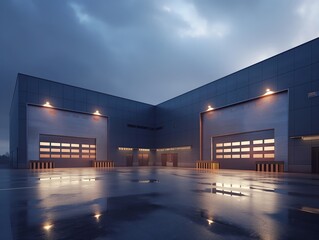 Exterior of a contemporary industrial building with illuminated garage doors reflecting on wet ground.