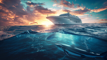 Shark under blue water of the sea with cruise ship in the background at sunset