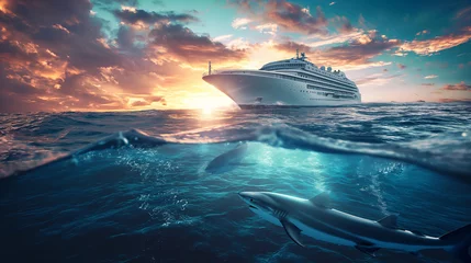 Stof per meter Shark under blue water of the sea with cruise ship in the background at sunset © Maizal