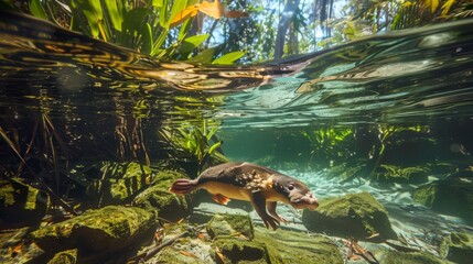 A turtle gracefully swims through the clear blue water, showcasing its smooth movements and streamlined shell. The underwater scene captures the turtles elegant strokes as it navigates its aquatic env