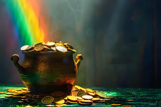 Koboldtopf: Fantasievolle Illustration eines magischen Topfes mit Regenbogen im Hintergrund