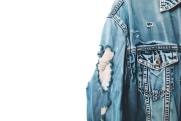 A torn blue jeans jacket hanging isolated on a transparent background