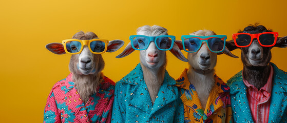 A row of funny goats wearing vibrant jackets and sunglasses with a creative pop of color - obrazy, fototapety, plakaty