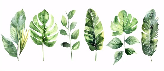 watercolour illustration of tropical leaves in various shapes and sizes - obrazy, fototapety, plakaty