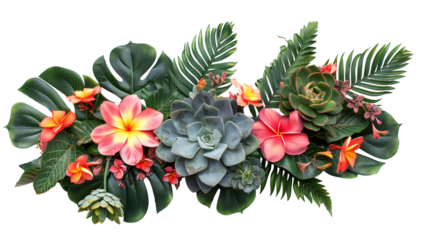 Rosette of tropical flowers and leaves in floral arrangement isolated on transparent background