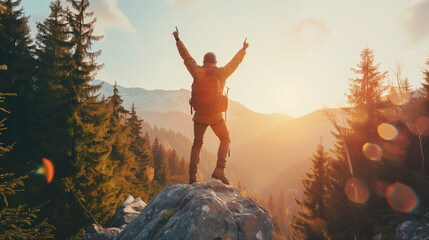 Happy man with arms up jumping on the top of the mountain - Successful hiker celebrating success on the cliff - Life style concept with young male climbing in the forest - obrazy, fototapety, plakaty